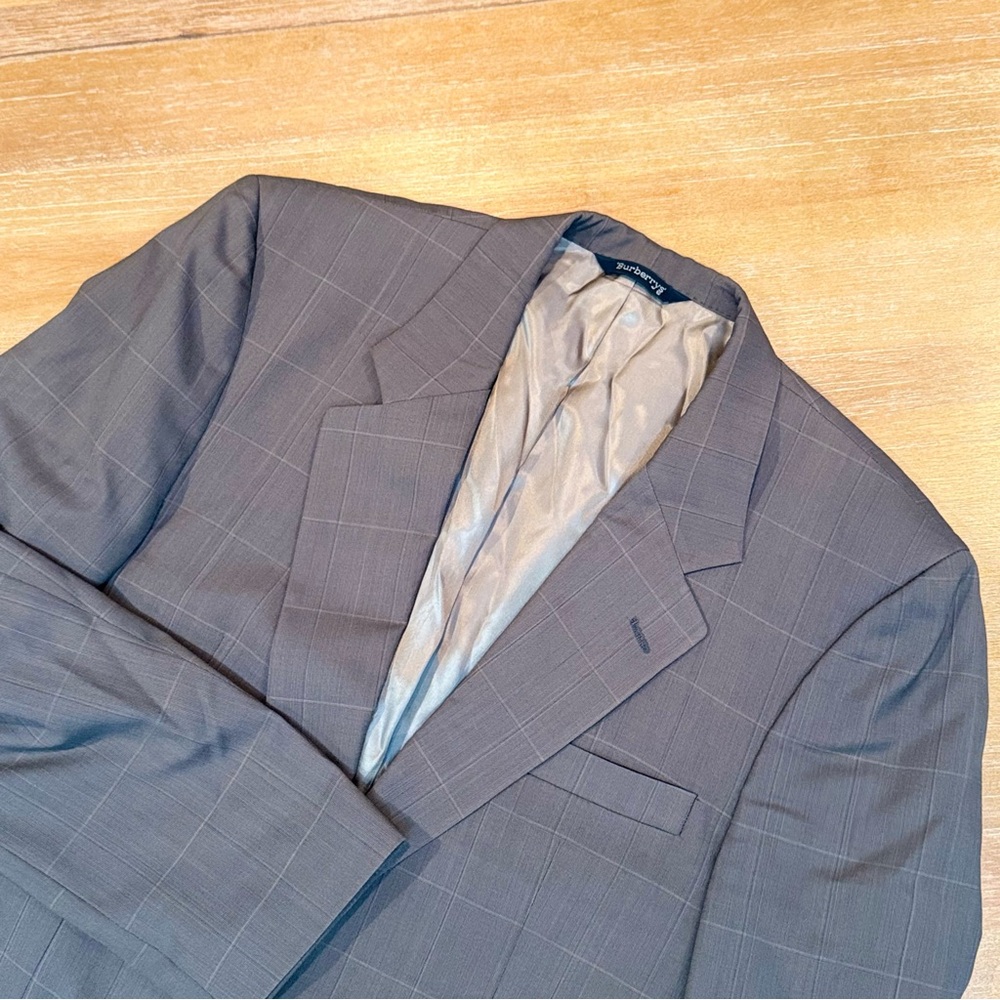 Vtg Burberry’s 100% Wool Blazer Grey Green Plaid 2 Button Closure Sz ~44